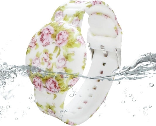 Waterproof AirTag Bracelet for Kids, Soft Silicone Air Tag Hidden Holder Case Compatible with Apple Airtag, Adjustable Anti-Lost Printed Strap GPS Traker for Toddler Child(Pink Rose)