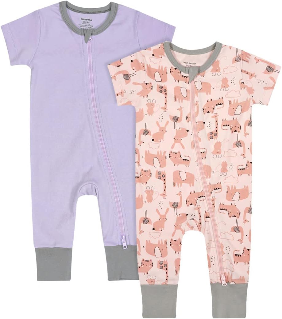 Teach Leanbh Baby Boys Girls 2 Pack 2 Way Zipper Footless Pajamas Cotton Short Sleeve Printing Romper Sleep and Play
