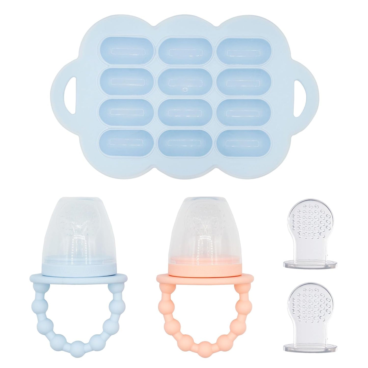 WeeSprout Silicone Baby Food Feeders + Freezer Tray for Batch Prep, Set of 2, Introduce New Foods Safely, Double as Teething Toys, Includes 2 Extra Pouches & Travel Lids, Dishwasher Safe