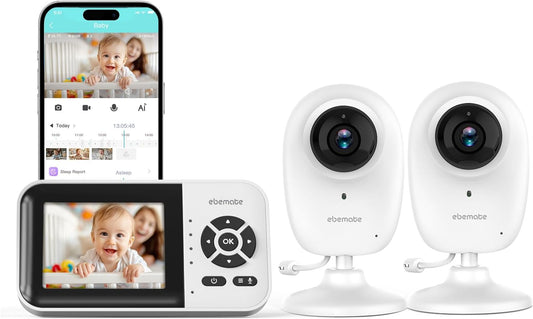 ebemate WiFi Video Baby Monitor with 2 Camera,2.8" Display with 1500Ft Long Range,WiFi On/Off,1080P No Glow Night Vision,2-Way Talk Baby Cam Monitoring EBS28-2