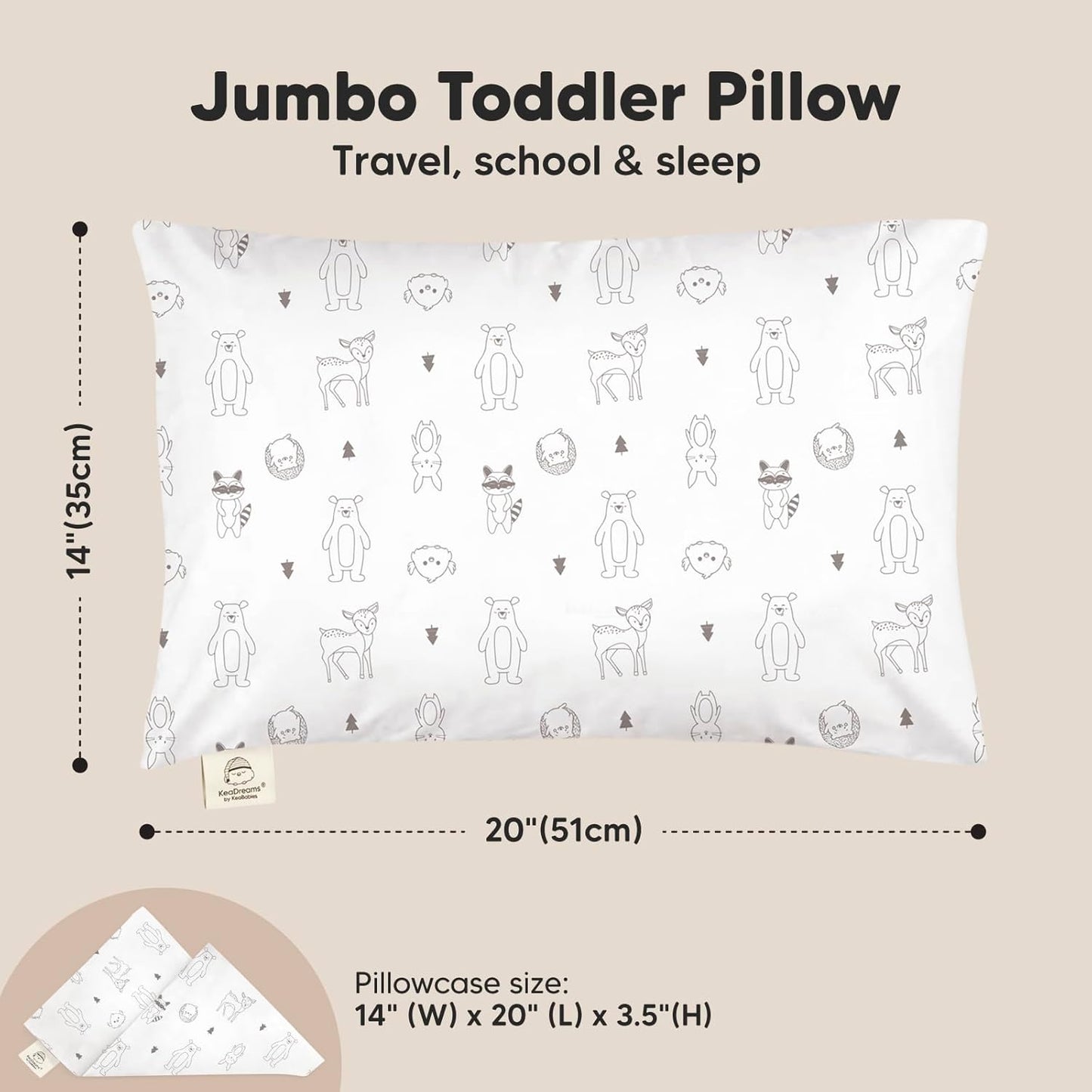 KeaBabies Toddler Pillow with Pillowcase, Jumbo 14X20 - Soft Organic Cotton Toddler Pillows for Sleeping - Machine Washable - Perfect for Travel, Toddler Bed Set (KeaFriends)