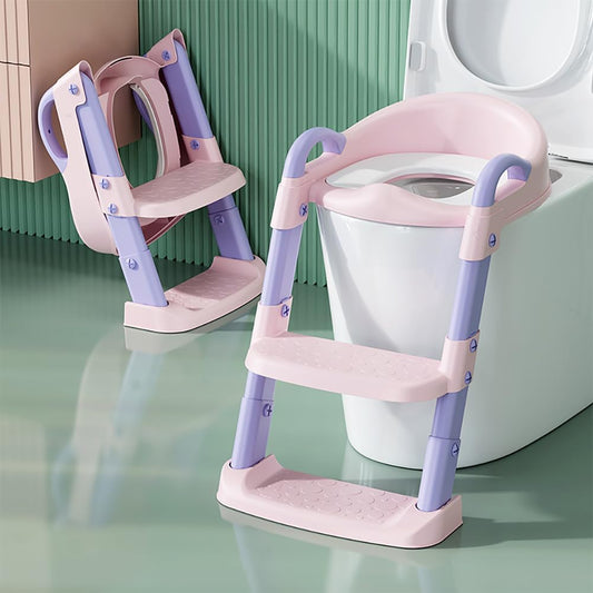 Potty Training Toilet Seat For Boys Girls, Toddler Toilet Seat With Step Stool Ladder, Foldable Toddler Potty Seat For Toilet With Non-Slip Design, Adjustable Height (Purple & Pink)