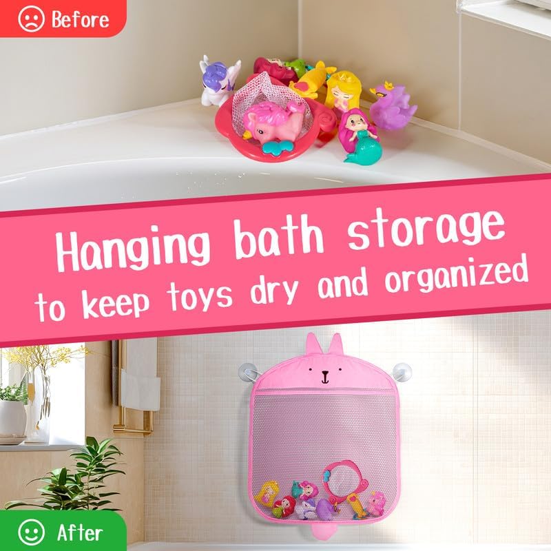 No Hole Bath Toys for Kids Ages 1-3, 8 Pcs Girl Bath Toys with Storage and Net, Sealed & Squeezable & Float on Water