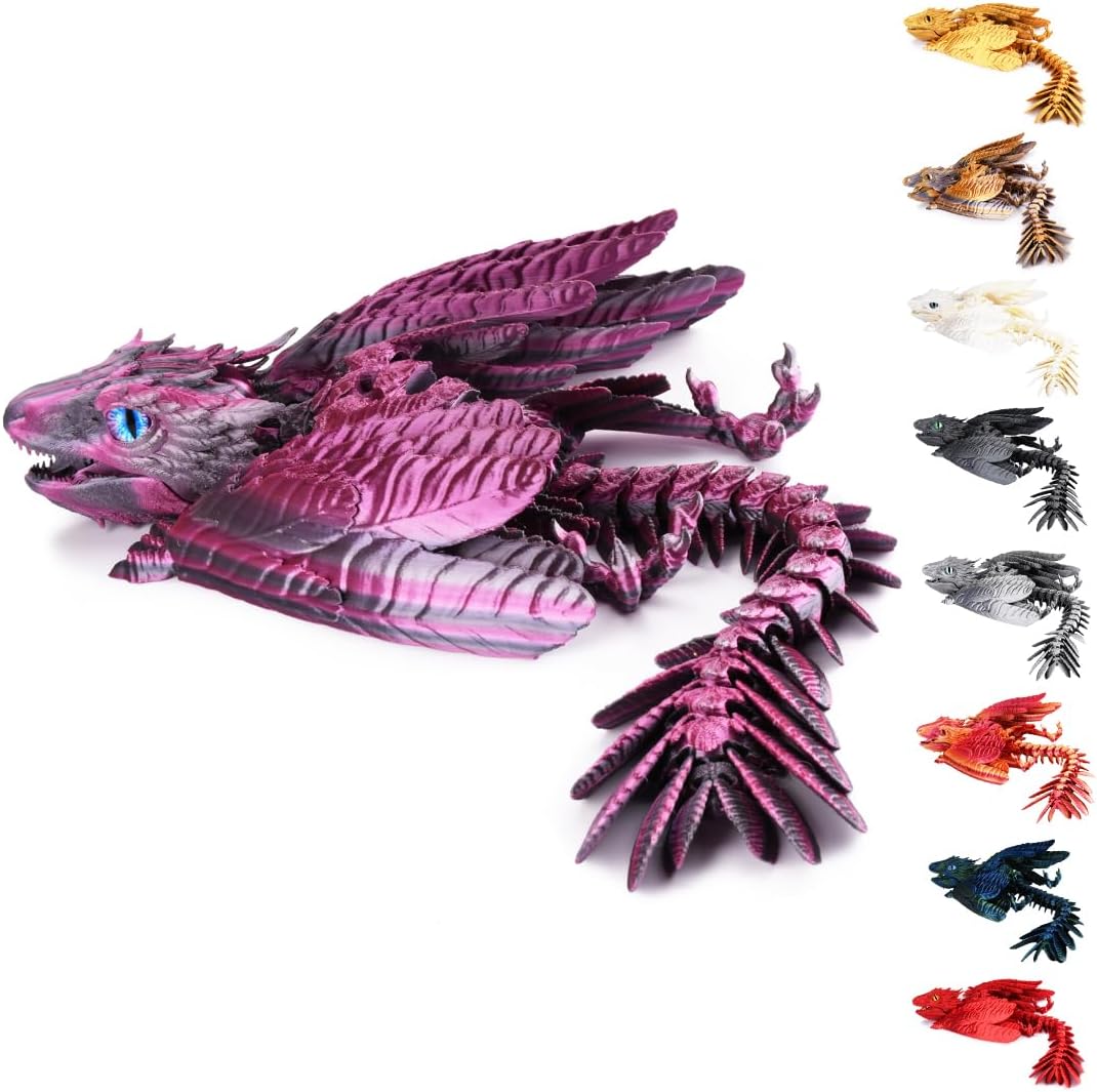 3D Printed Dragon with Wings 3D Printed Animals Articulated Dragon Fidget Dragon 3D Printed Toys Dragon Toy Desk Pets Home Office Decor (Purple)