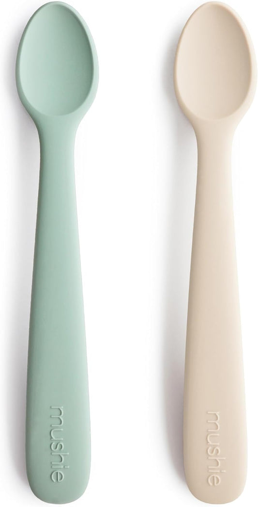 mushie Silicone Baby Feeding Spoons | 2 Pack (Cambridge Blue/Shifting Sand)