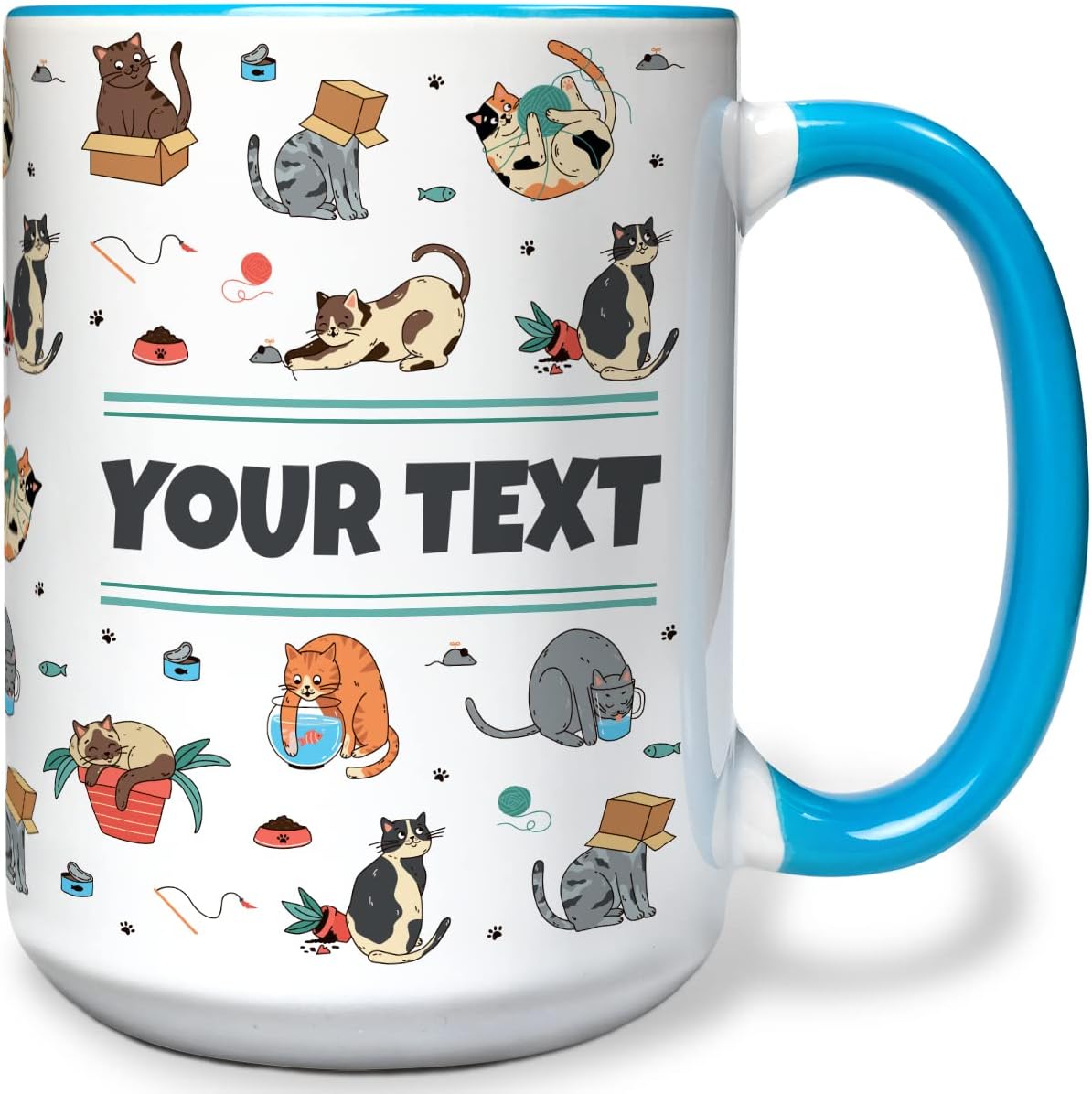 Personalized Mug for Kids - Cats - Custom Name/Text, Ceramic Hot Chocolate/Cocoa/Coffee Cup for Boys/Girls, Birthday/Christmas/Holiday Gift - 15 oz, Light Blue Handle