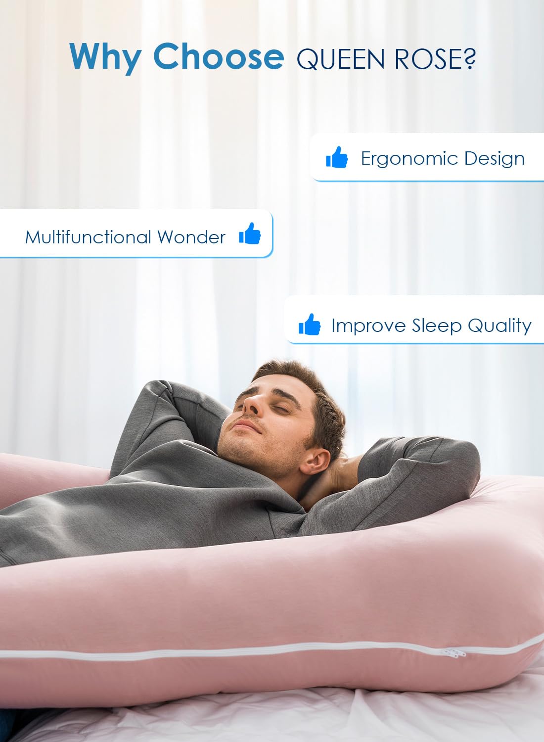 QUEEN ROSE Pregnancy Pillows for Sleeping, Cooling U Shaped Body Pillow, Maternity Pillow for Pregnant Women with Silky Soft Cover, Pink