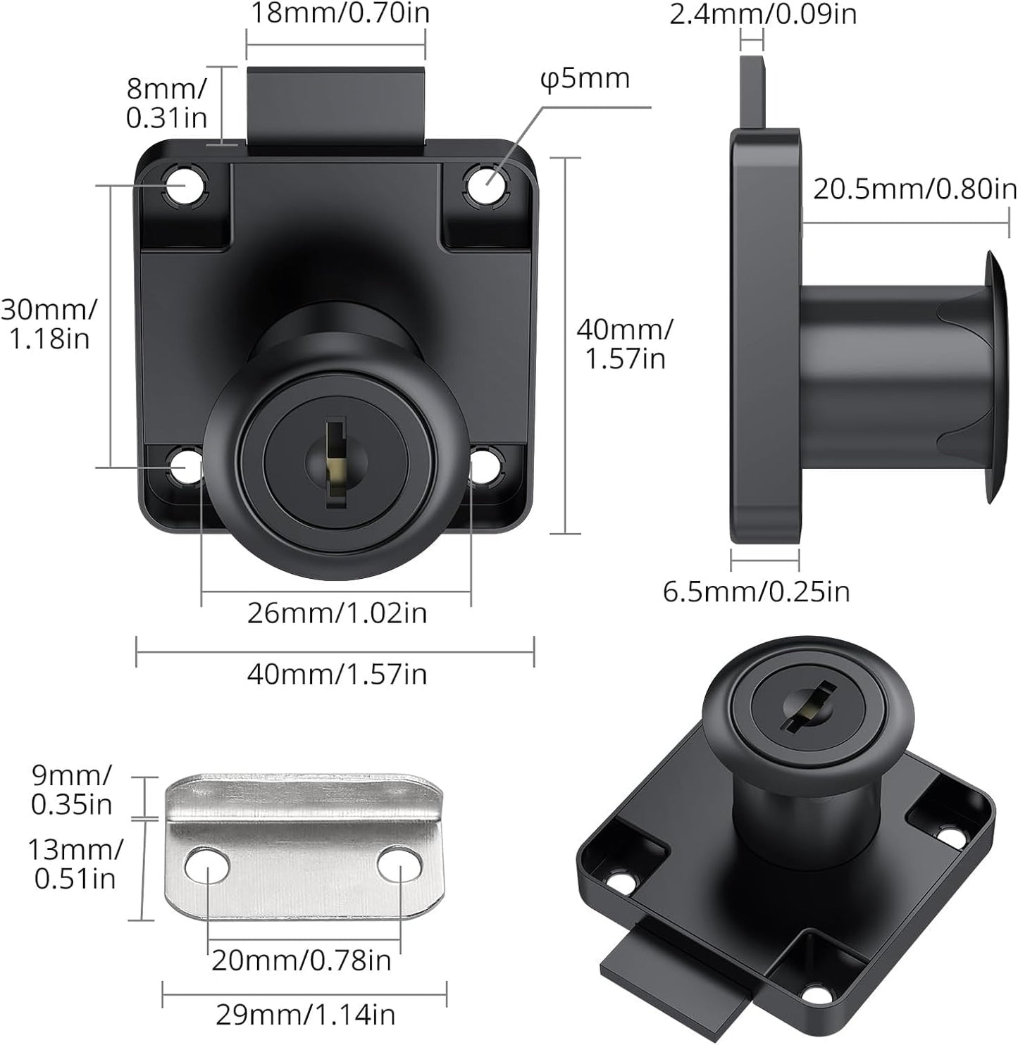 Tanice 4 Pack Furniture Lock Zinc Alloy Cam Security Lock Keyed Alike Cylinder Cupboard Drawer Lock with 8 Keys for Door Cabinet Mailbox Drawer Cupboard Household Office, Black