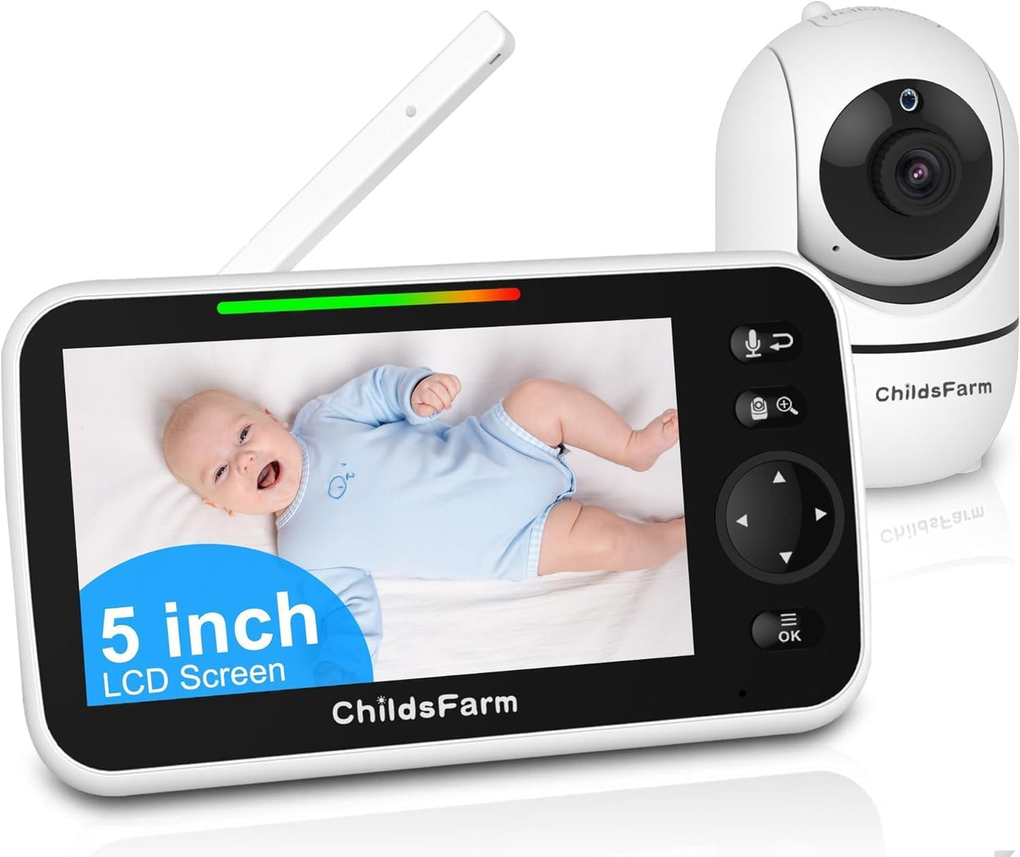 ChildsFarm Video Baby Monitor, 5’’ Screen with 30-Hour Battery, Video Baby Monitor with Camera and Audio, Remote Pan-Tilt-Zoom, 2-Way Talk, VOX, Night Vision, 8 Lullabies, 1000ft Range, No WiF