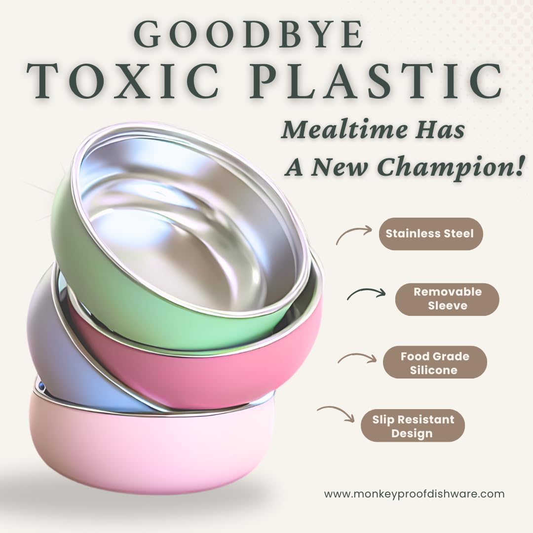 Monkey Proof™ Non-Toxic Stainless Steel Child Bowl 5” with Non-Slip Silicone Shell, Multi-color, (Set of 4 bowls) Unbreakable, Mess Free Feeding for Babies, Toddlers, Kids, BPA free