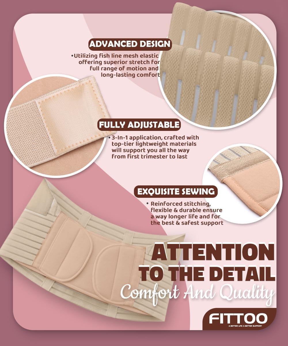 FITTOO Maternity Belt Back Support Belly Band Pregnancy Belt Support Brace Abdominal Binder Waist Support Beige Medium