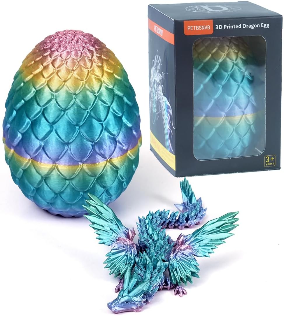 7" 3D Printed Dragon with Wings in Egg, Easter Basket Stuffers, Crystal Dragon Surprise in Eggs, Articulated Dragon, Dragon Fidget Toy, Home Office Decor Executive Desk Toy (Random Rainbow Color)