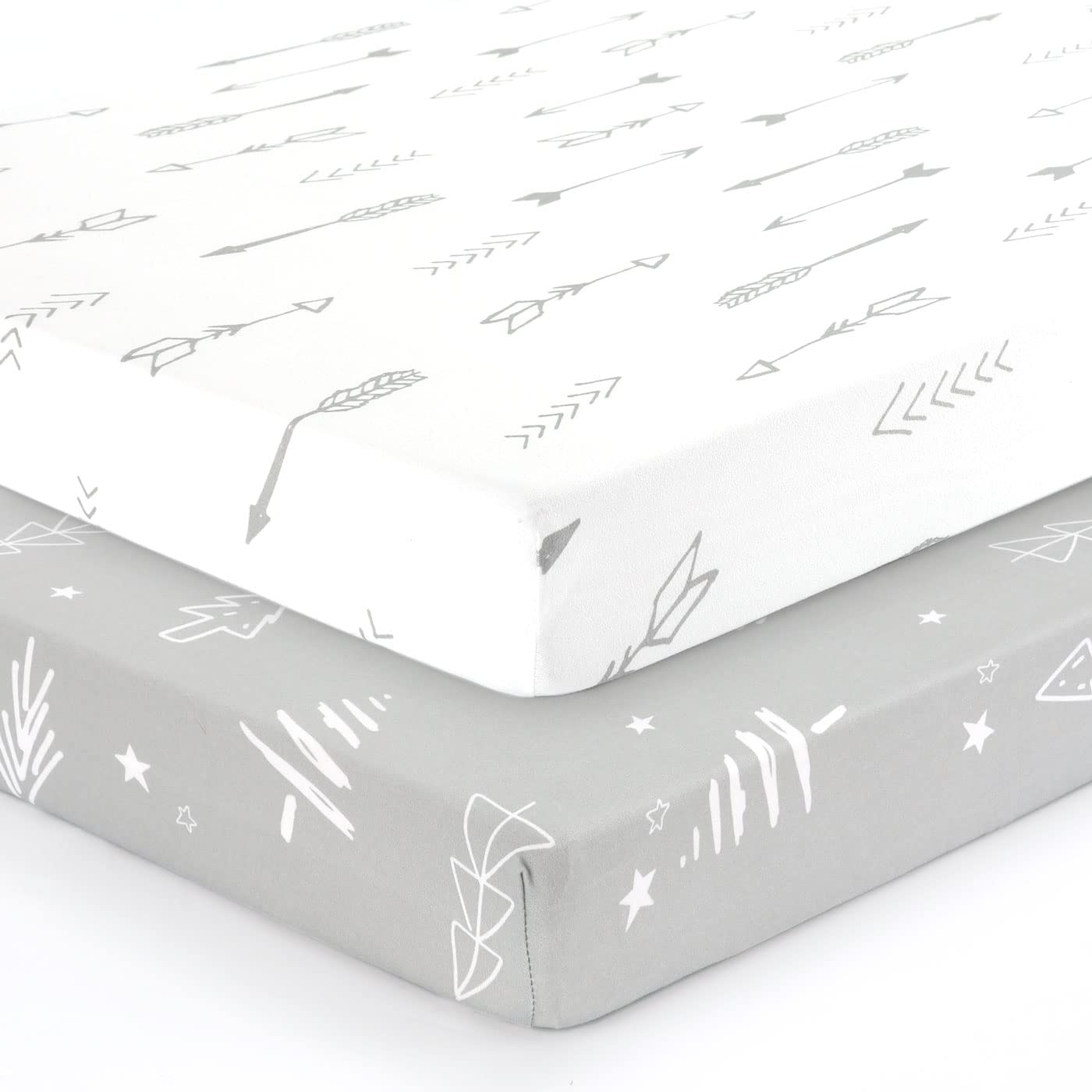 GRSSDER Stretchy Ultra Soft Jersey Knit Fitted Pack n Play Sheets Set 2 Pack, Portable/Mini Crib Sheets, Christmas Trees and Arrows for Girls and Boys