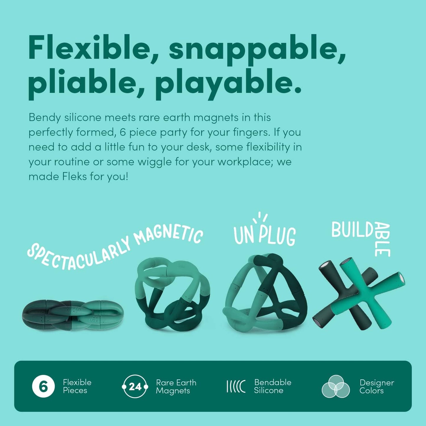 Speks Fleks Silicone 6-Piece Building Set - Evergreen - Fun Desk Toy for Adults