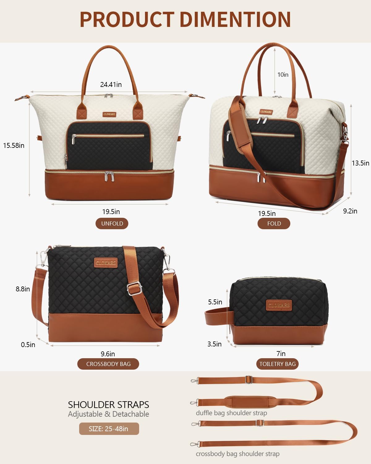 Weekender Bags for Women, Travel Duffle Bag Carry On Overnight Bag with Cosmetics Bag and Crossbody Purse for Gym Hospital, Gifts for Women, Beigeblack Brown