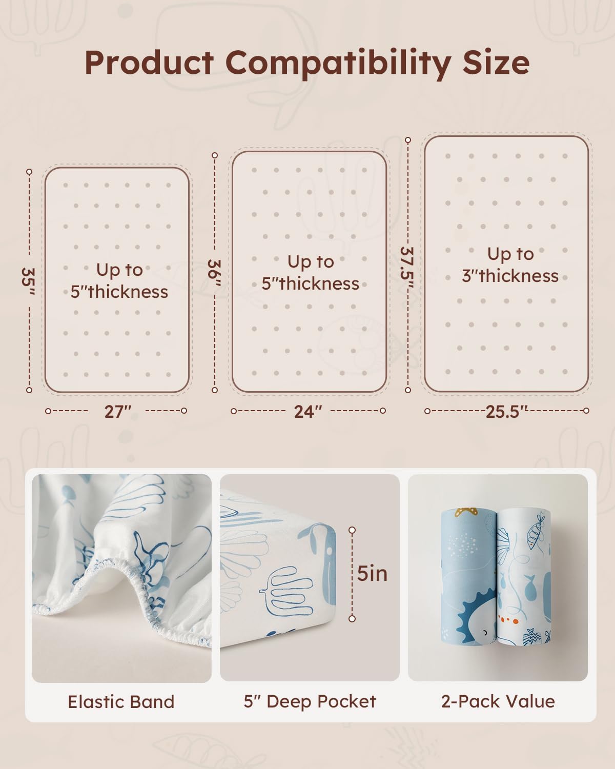 Yoofoss Baby Pack and Play Sheets 2 Pack for Boys and Girls - 38x26 Mini Crib Sheets Fitted Neutral Compatible with Graco Pack n Play Mattress,Ultra Soft Breathable Microfiber Underwater World