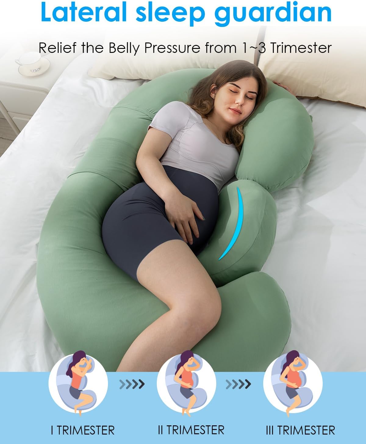 QUEEN ROSE Cooling E Shaped Pregnancy Pillows, Detachable Body Pillow for Sleeping, with Pregnancy Wedge Pillow for Belly Support, Cooling Rayon Cover,Green