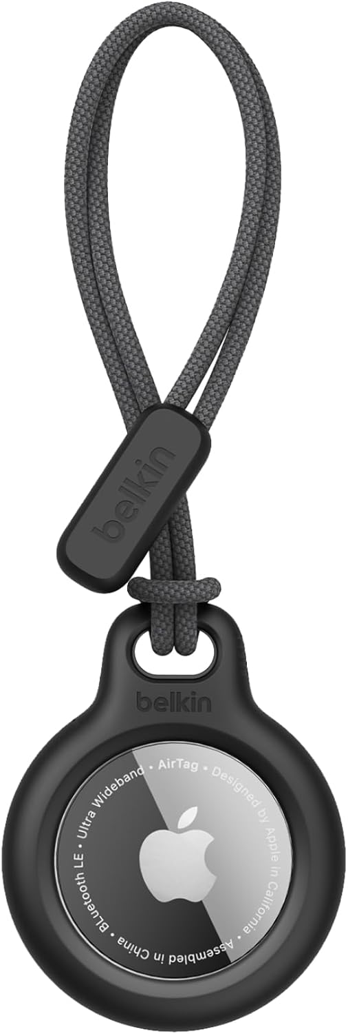 Belkin Apple Airtag Secure Holder With Strap - Apple Air Tag Keychain - Airtag Holder With Strap For Key Ring - Airtag Keychain Accessories - Scratch Resistant Airtag Case With Raised Edges - Black