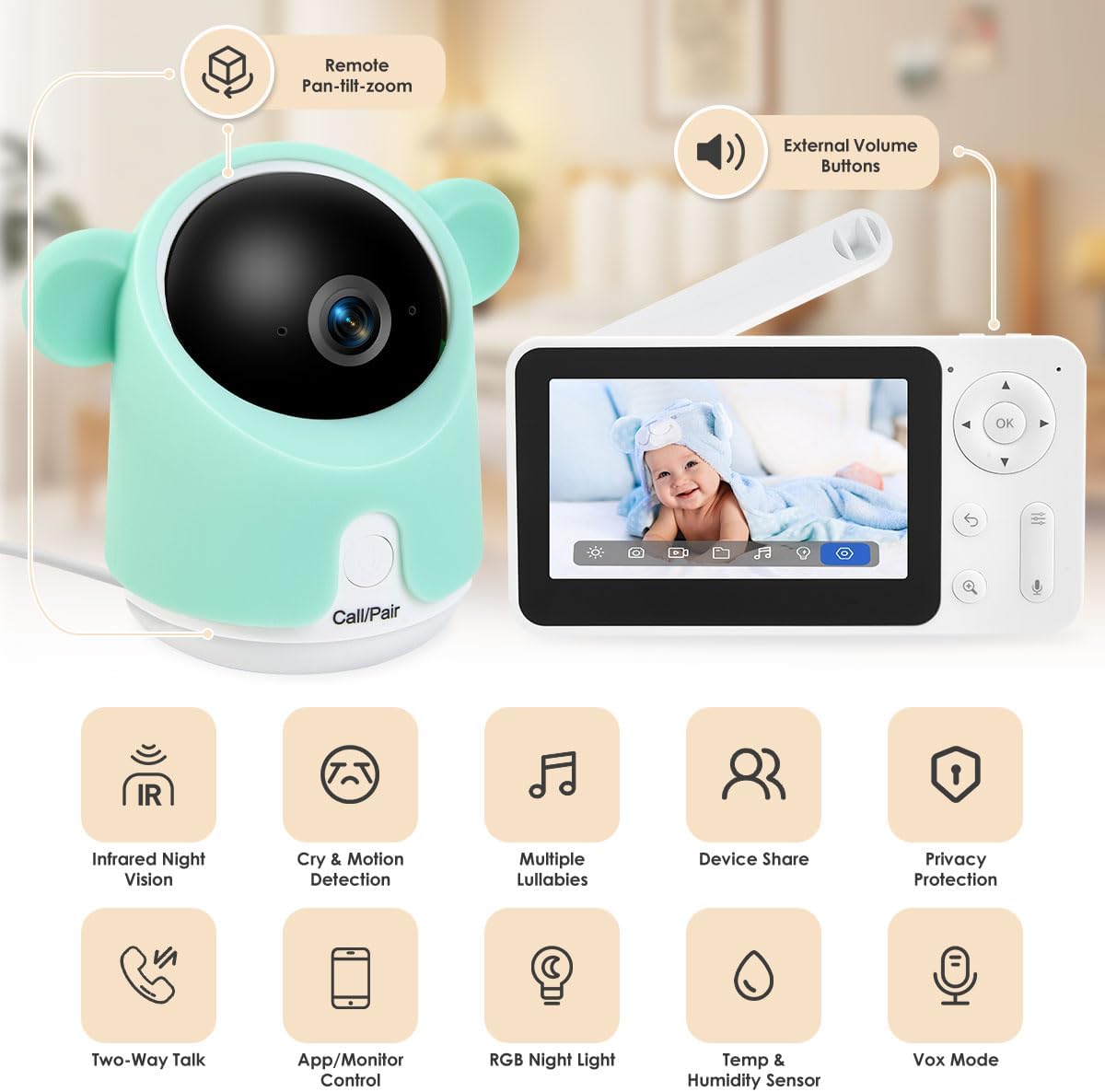 Baby Monitor with Camera and Audio, 1080P Baby Camera Monitor WiFi Smartphone App Control Night Vision 4.3” Screen 2-Way Talk Temperature & Humidity Sensor Lullabies Motion & Cry Detection iOS/Android