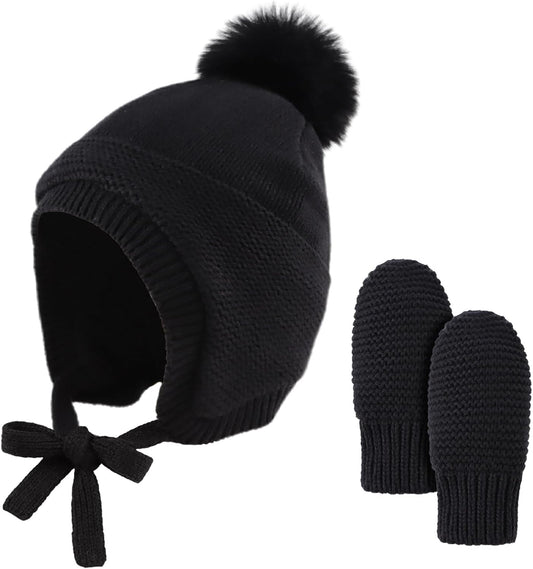 Basic Winter Baby Beanie Gloves Boys Girls Knitted Hat Pompom Kids Earflap Hats Warm Infant Toddler Beanie Mittens Set