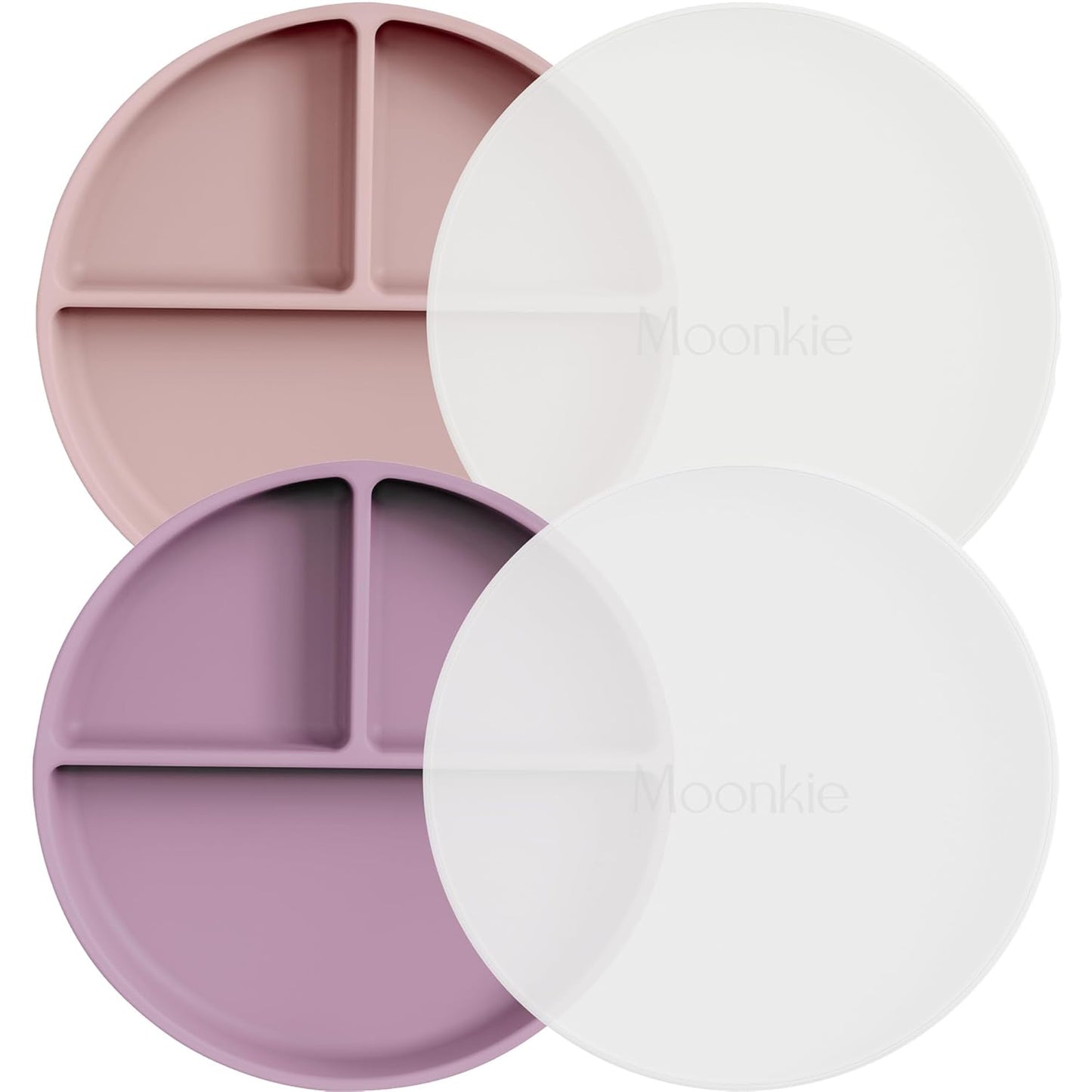 Moonkie Suction Plates for Baby | 100% Silicone BPA-Free Baby Plates with Lids and Food Cover | Divided Design | Microwave and Dishwasher Safe | Toddler Plates 2 Pack