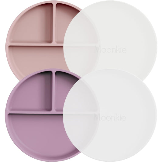 Moonkie Suction Plates for Baby | 100% Silicone BPA-Free Baby Plates with Lids and Food Cover | Divided Design | Microwave and Dishwasher Safe | Toddler Plates 2 Pack