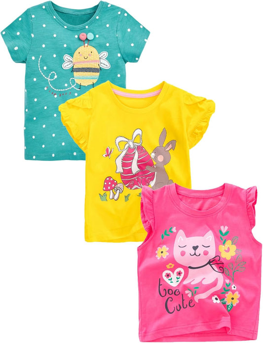 HILEELANG Girls' Tees Ruffle Short Sleeve T-Shirt Cotton Casual Graphic Summer Crewneck Tunic Tops