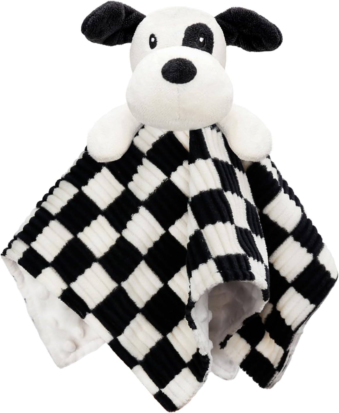 Baby Security Blanket for Boys Girls, High Contrast Super Soft 3D Checkerboard Gingham with Minky Dot Fabric Backing Snuggle Stuffed Animal Blankie Puppy Lovely Black 14 Inch