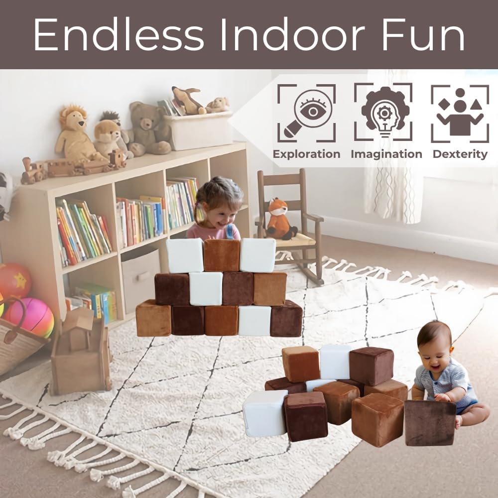 Wonder Space Plush Foam Blocks - Nursery Building & Stacking Toys for Toddlers Boys & Girls, Soft Smooth Velvet Cover, Early Education Gross Motor Skills & Brain Development (12 Blocks, Nougat)