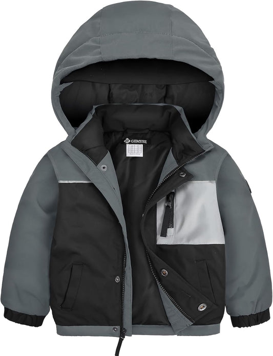 GEMYSE Toddler Boys Winter Coat Waterproof Ski Snow Jacket with Hood Thicken Warm Baby Jacket Outerwear