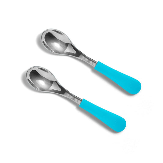 Avanchy Baby Spoons, Forks Stainless Steel and Silicone Set, Self Feeding Food Utensils, 4 Months Baby Led Weaning