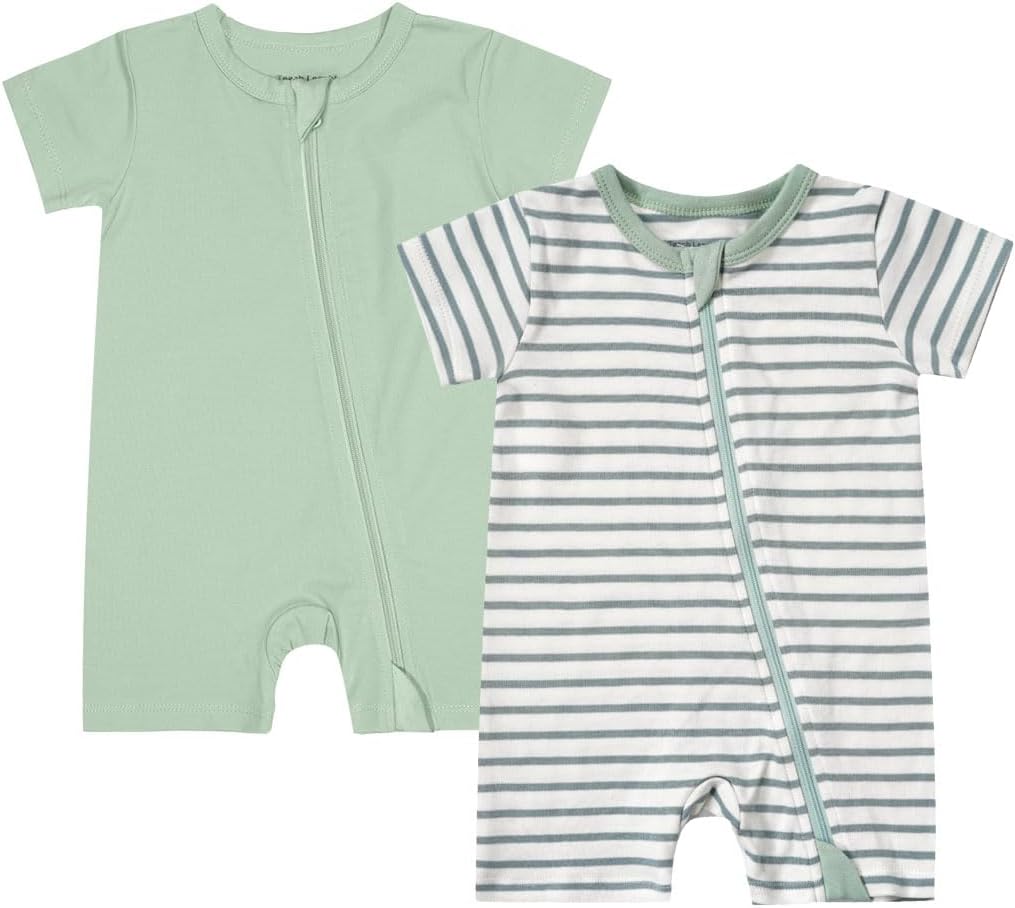 Teach Leanbh Unisex Baby 2 Pack Pajamas Cotton Short Sleeve 2 Way Zipper Stripe Soild Romper Jumpsuit Sleep and Play