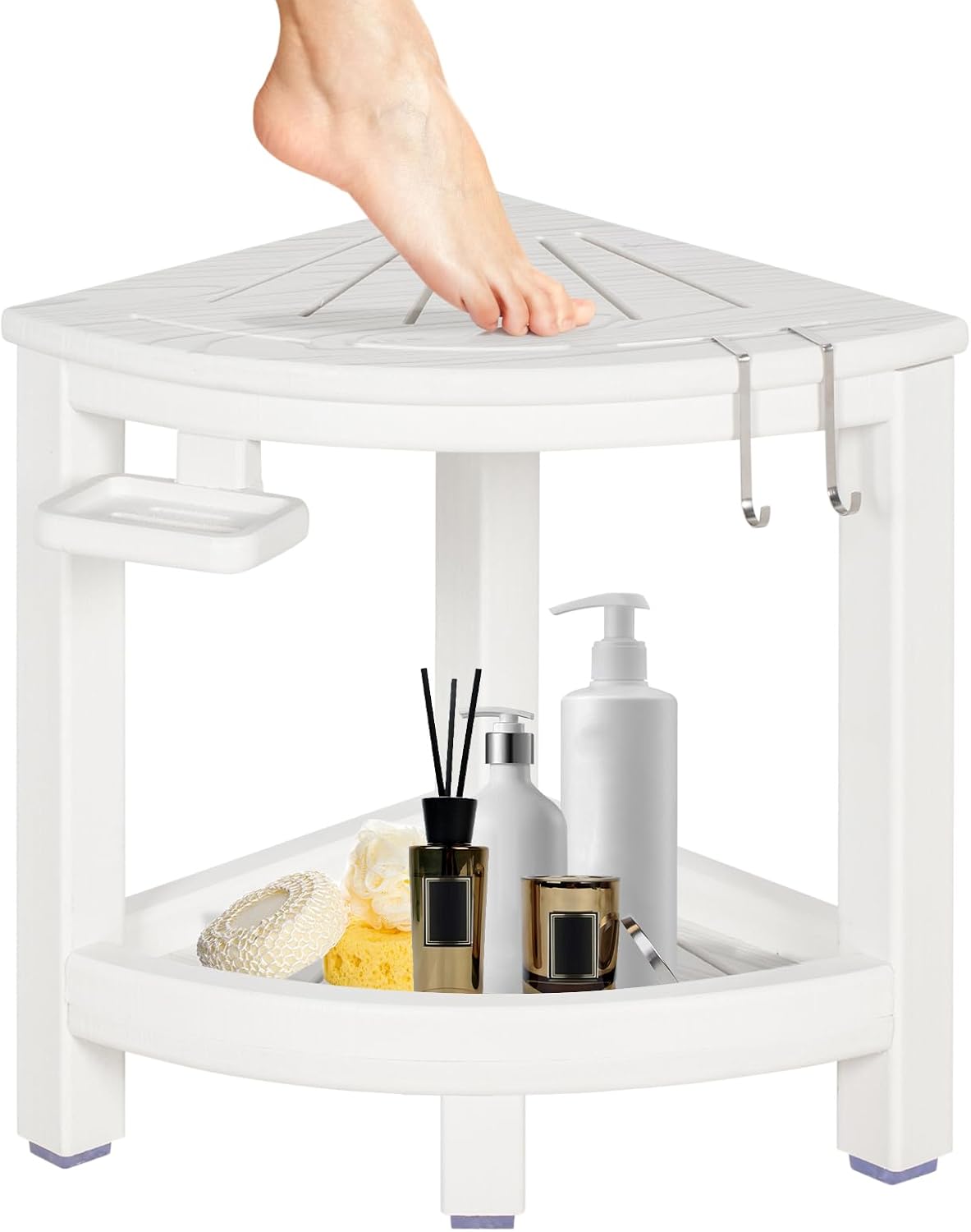 2-Tier Corner Shower Stool with Hooks & Soap Dish, HDPE Shower Bench for Shaving Legs, Wood-Like Shower Stool for Inside Shower with Non-Slip Foot Pads, Waterproof Shower Foot Rest (White)