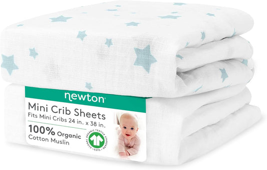 Newton Baby Mini Crib Fitted Sheets (2-Pack) | Organic Muslin Cotton, Breathable & Soft Baby Sheets, Washable Baby Mattress Sheets, Fits Any Mini Sized Crib 24" x 38", Moonstone Mist Stardust + White