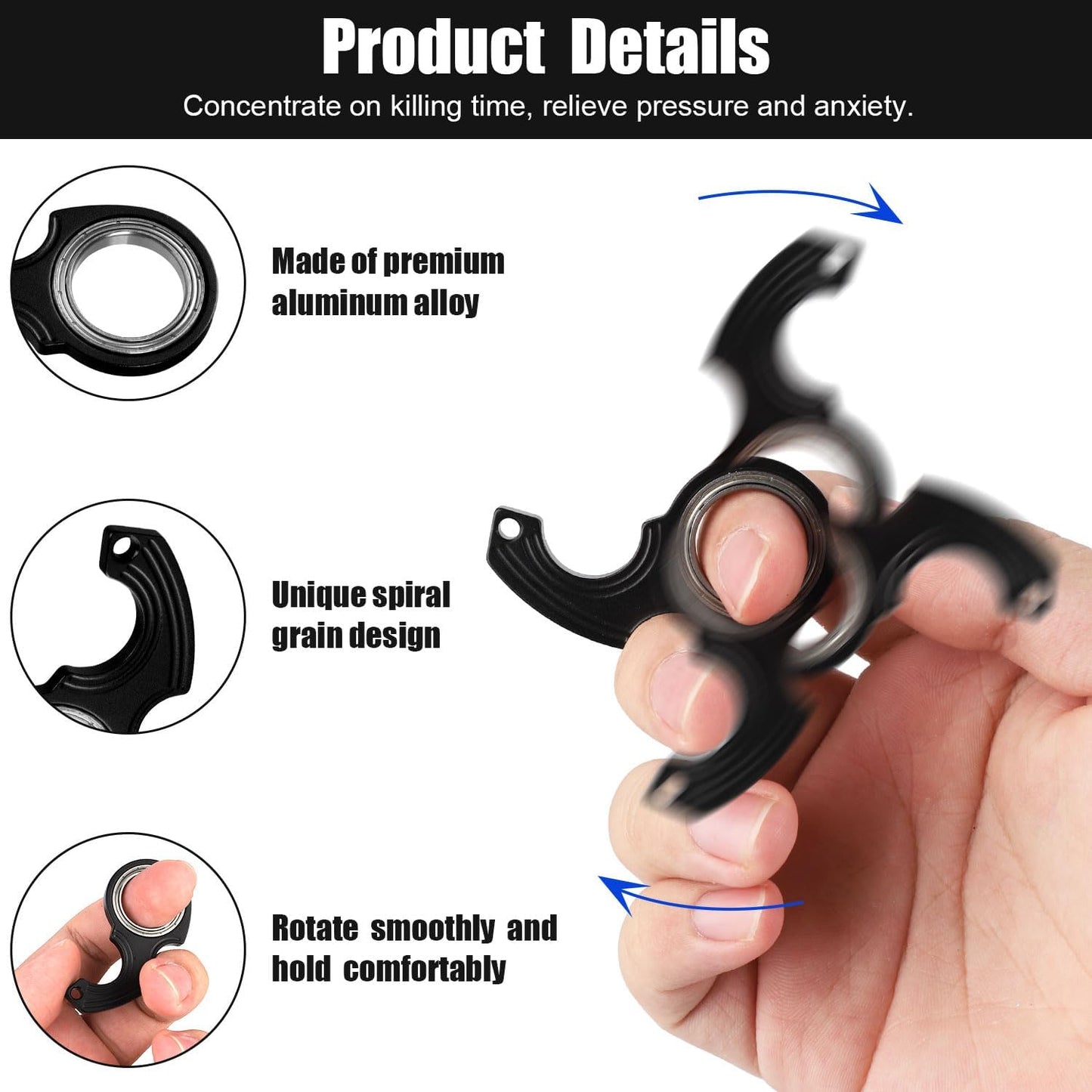 2pcs Key Chain Spinner Toys 0.67" Inner Diameter with 2pcs Key Rings, Finger Fidget Keychain Key Ring Spinner Toy Gifts for Kids Adults Finger Exercising Anxiety Relief (Black, Silver)