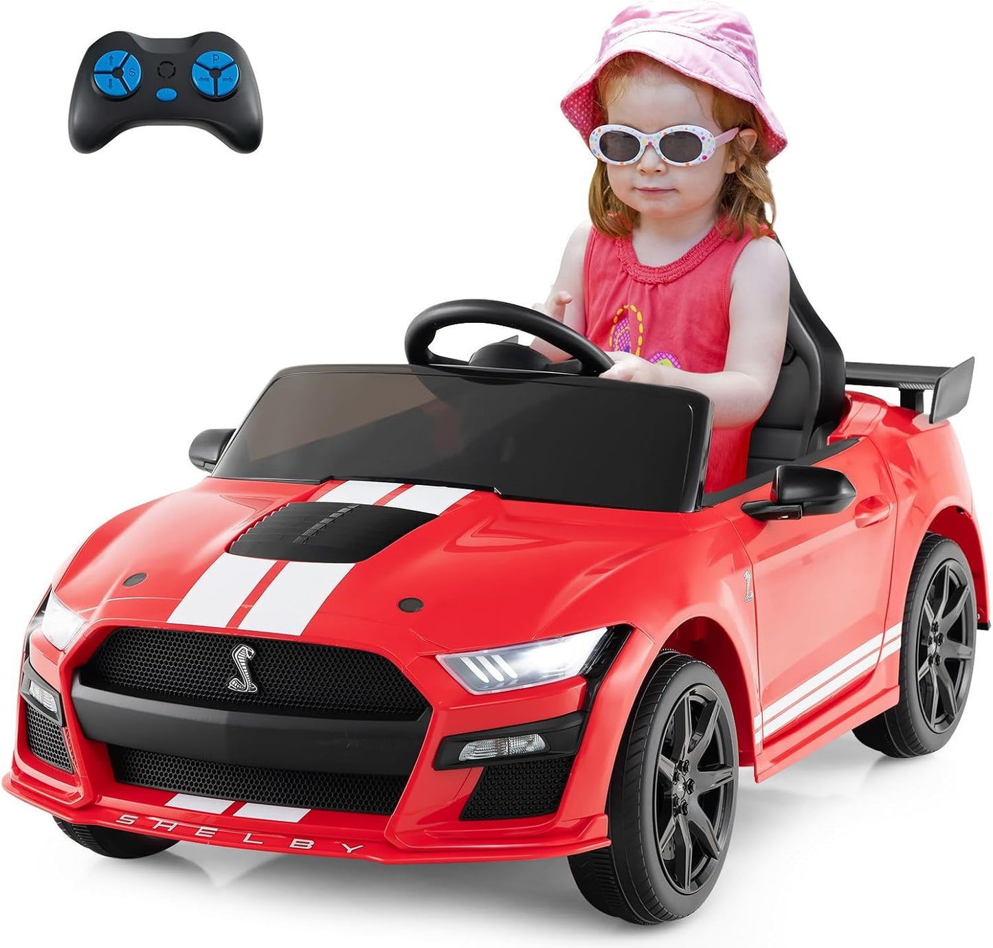 Costzon Ride on Car, 12V Licensed Ford Mustang Shelby GT500 Kids' Electric Vehicles w/Remote Control, USB Port, Radio, Music, Player, High Low Speed & Soft Start, Racing Kids Car for Toddlers (Red)