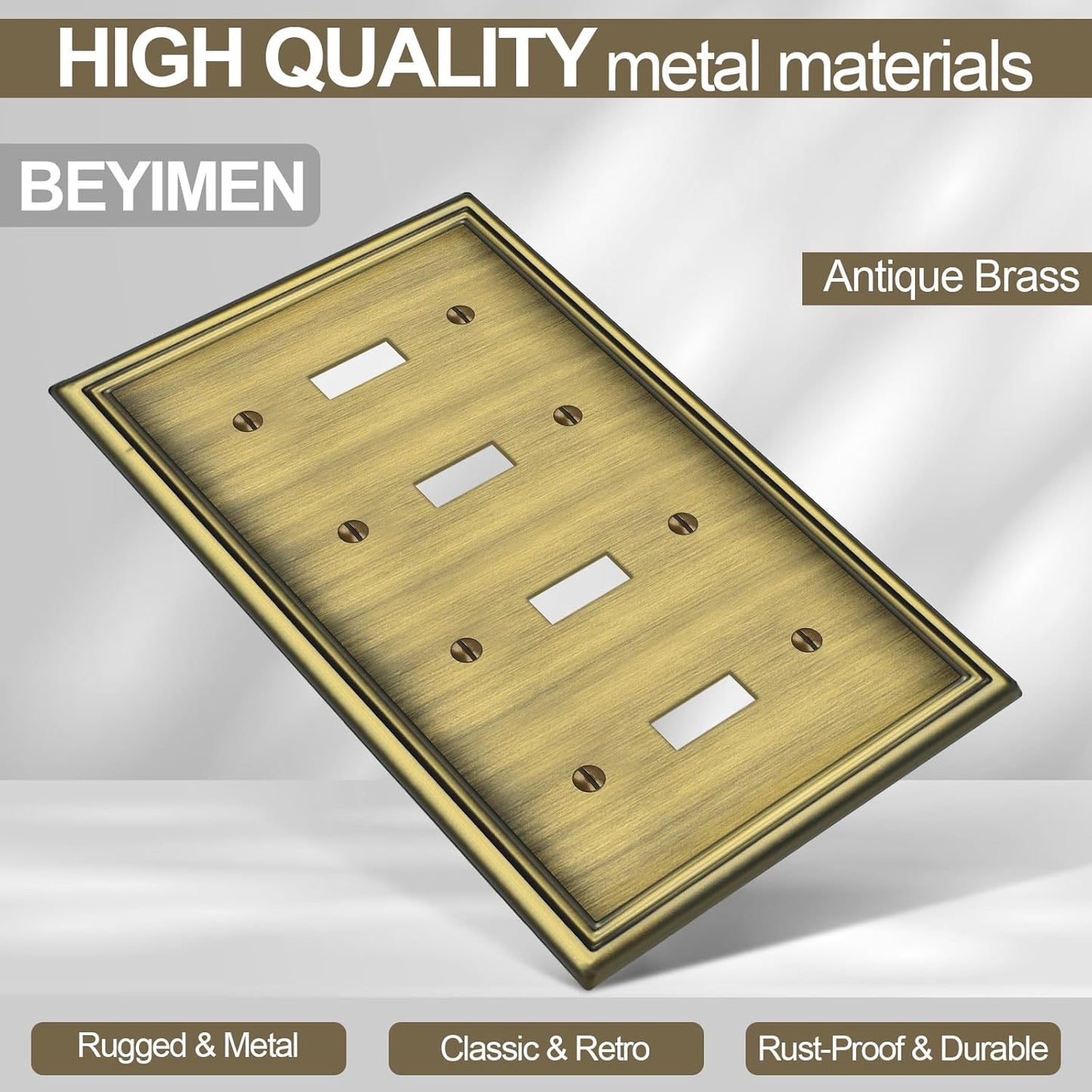 2 Pack Quad Toggle Light Switch Covers Plate, Antique Brass Metal Material Switch Plate Covers, 4 Gang Wall Plate for Light Switch - Classic Style