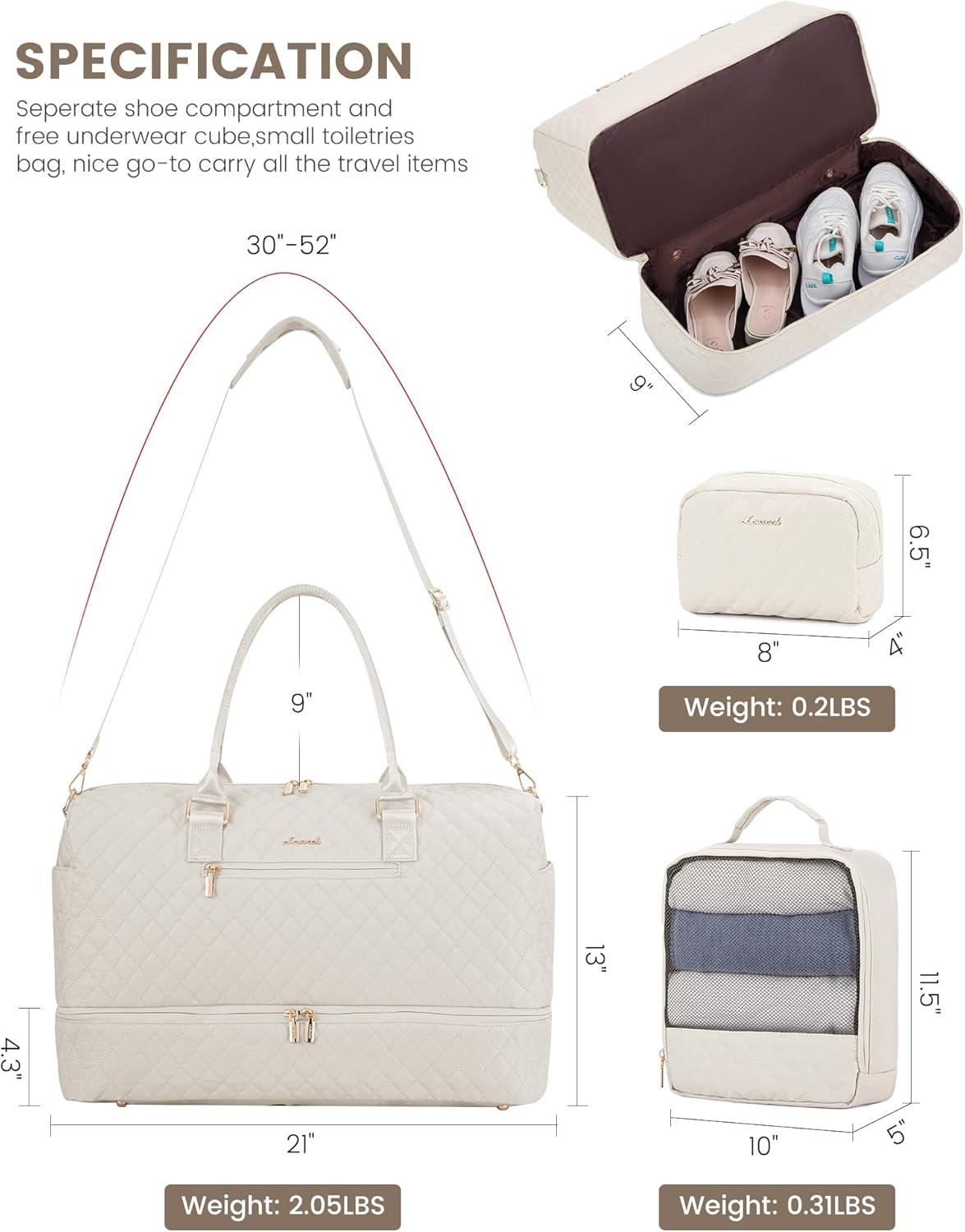 LOVEVOOK Travel Duffle Bag for Women, Weekender Overnight Bag with Shoe Compartment, Carry on Bag with Toiletry Bag, Gym Duffel Bag with Wet Pocket, Hospital Bags for Labor and Delivery 3 Pcs Set