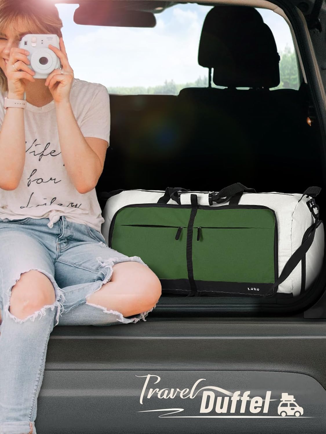 Lekesky Foldable Travel Duffle Bag for Women, Large Duffel Bag with Separate Shoes Compartments & Straps, Carry On Weekend Bag for Women, Hospital, Overnight (Green & Camel, 80L)