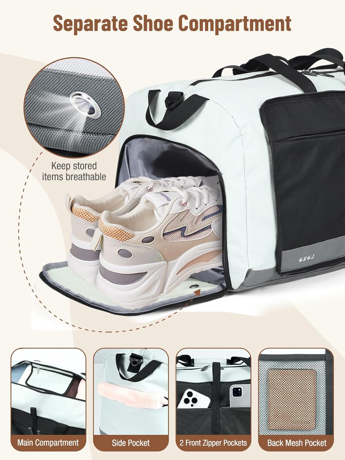 Lekesky Foldable Travel Duffle Bag for Women, Large Duffel Bag with Separate Shoes Compartments & Straps, Carry On Weekend Bag for Women, Hospital, Overnight (Grey & Brown, 60L)