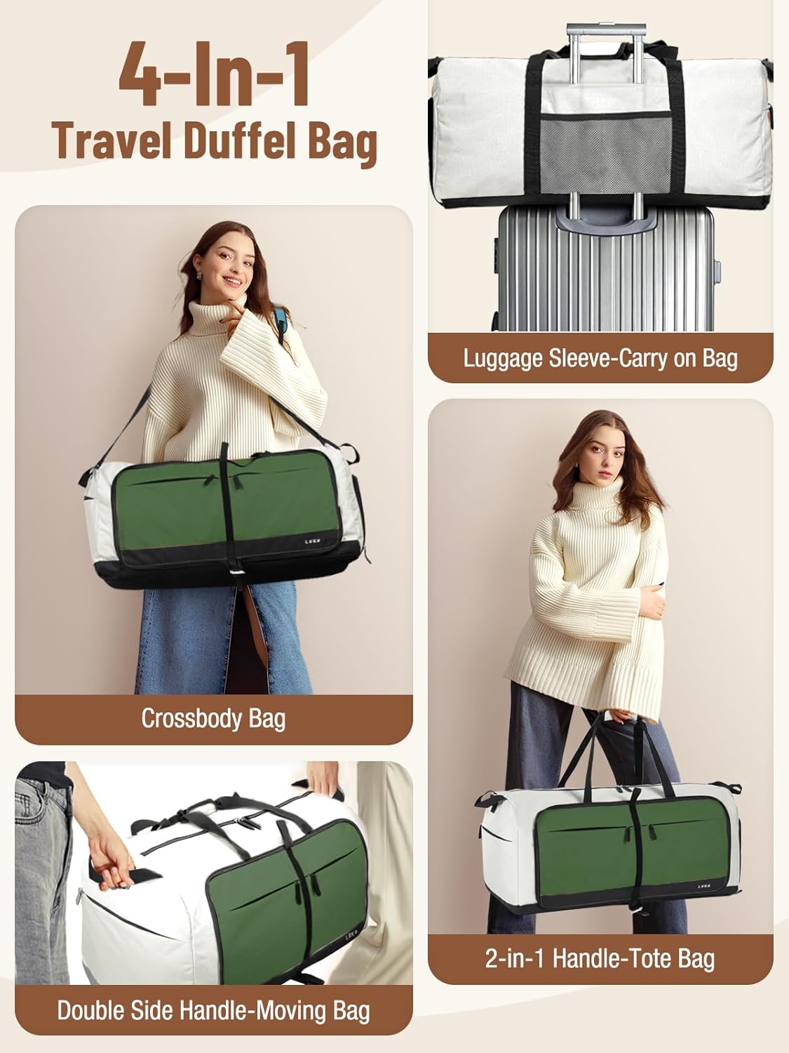 Lekesky Foldable Travel Duffle Bag for Women, Large Duffel Bag with Separate Shoes Compartments & Straps, Carry On Weekend Bag for Women, Hospital, Overnight (Green & Camel, 80L)