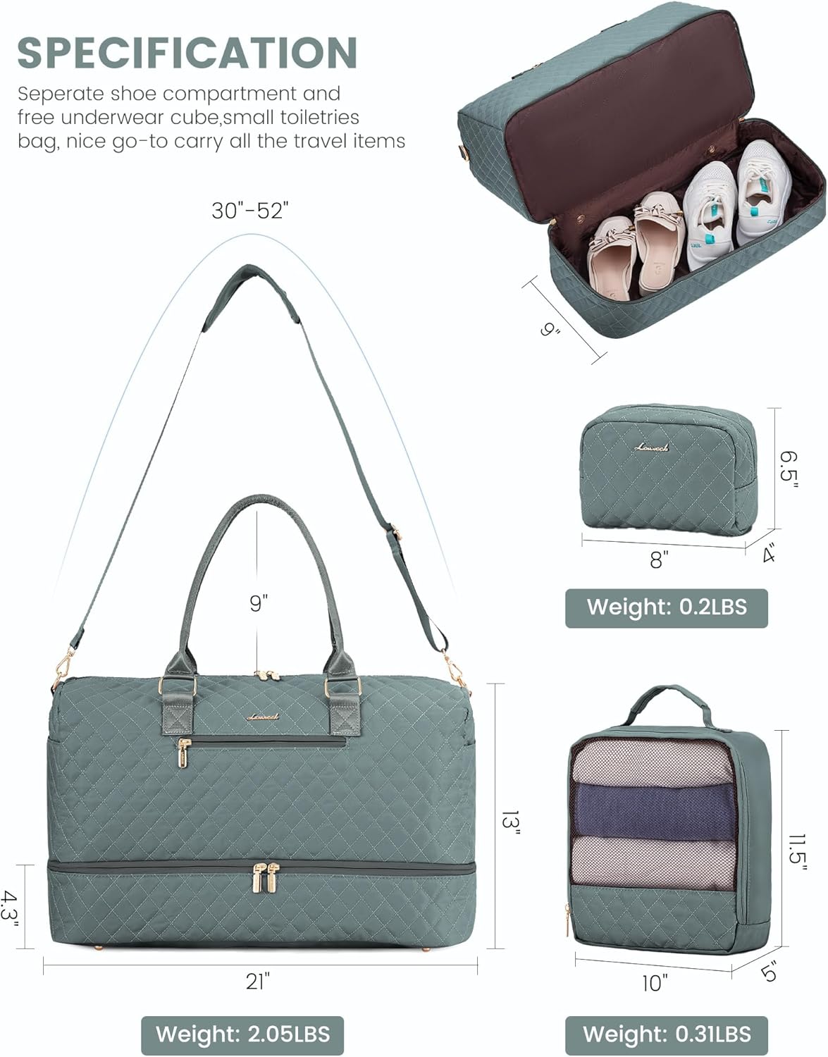 LOVEVOOK Travel Duffle Bag for Women, Weekender Overnight Bag with Shoe Compartment, Carry on Bag with Toiletry Bag, Gym Duffel Bag with Wet Pocket, Hospital Bags for Labor and Delivery 3 Pcs Set