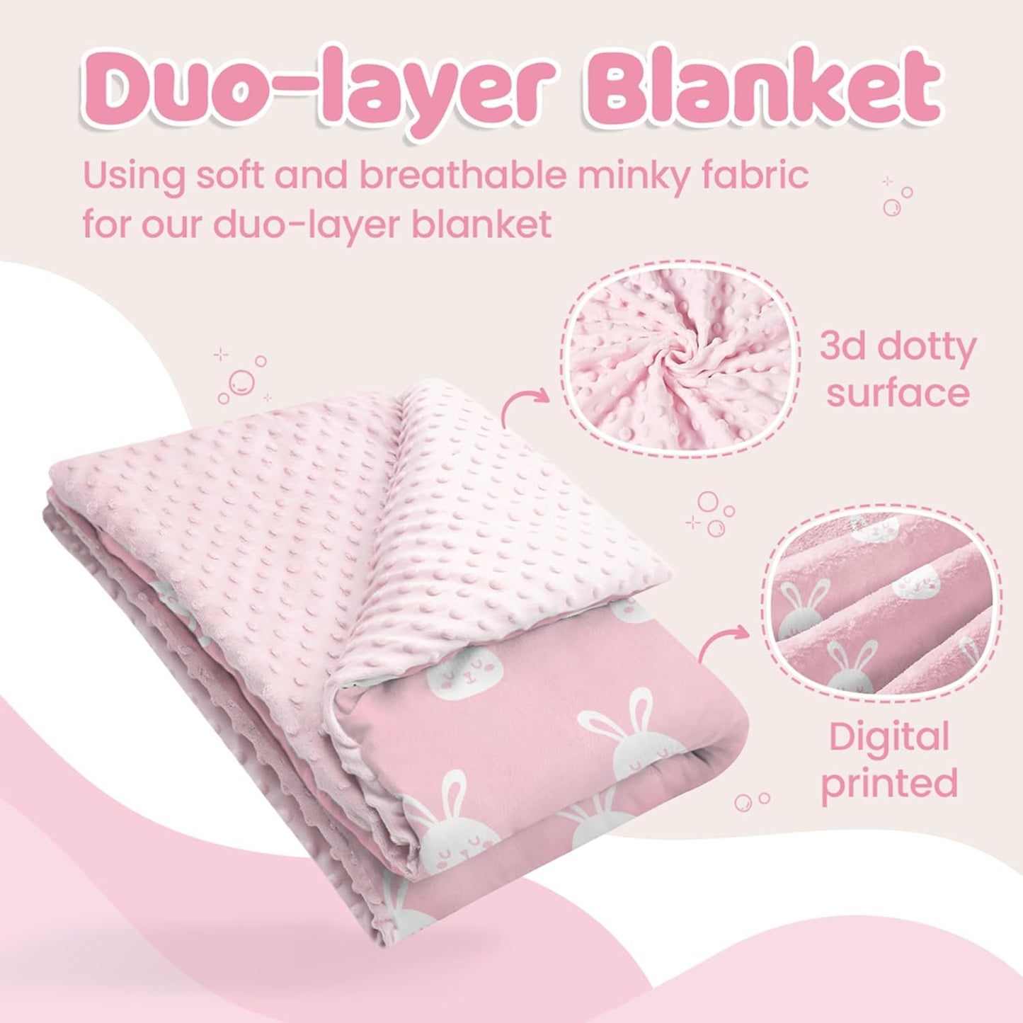 Rabbit Minky Baby Blanket 30 x 40 Inches for Girls, Soft Plush Receiving Blanket with Dotted Back, Gift for Toddler Newborn Infant Christmas Birthday Baby Shower