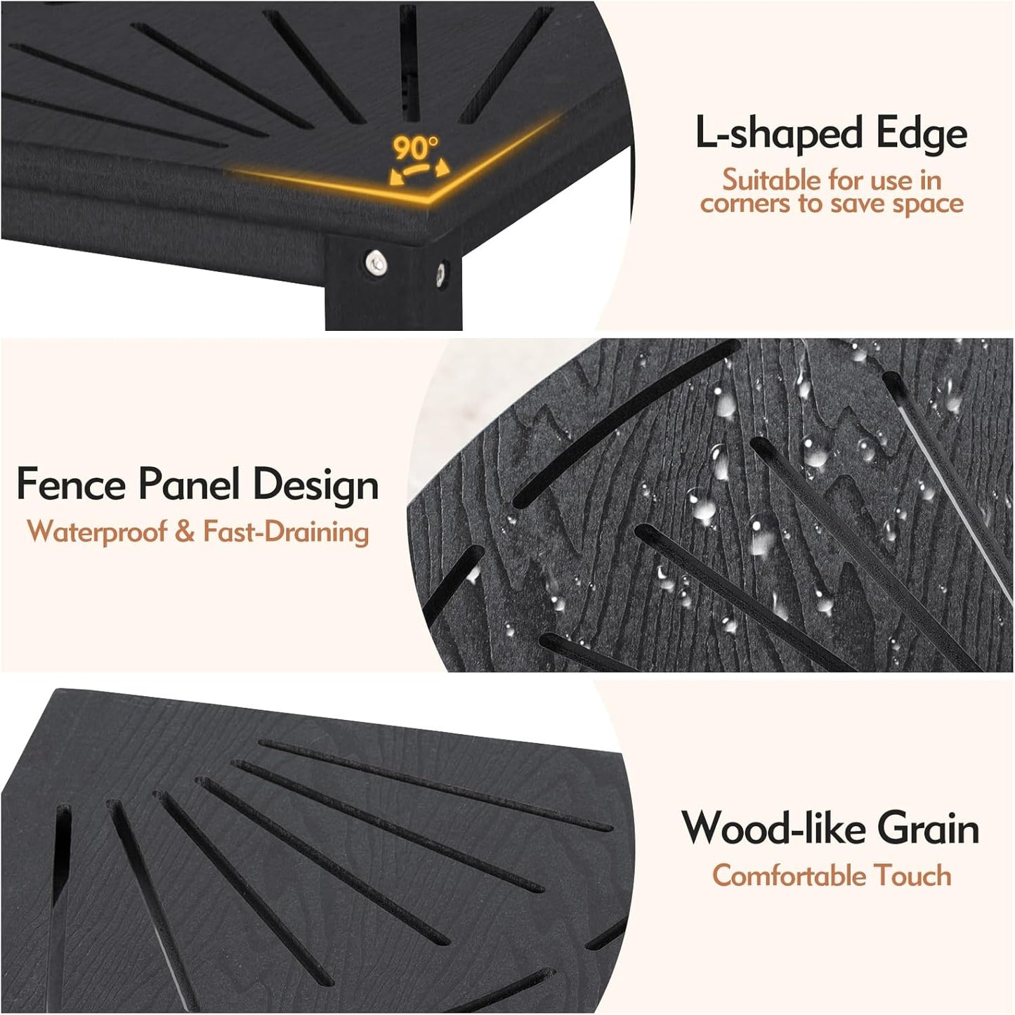 2-Tier Corner Shower Stool with Hooks & Soap Dish, HDPE Shower Bench for Shaving Legs, Wood-Like Shower Stool for Inside Shower with Non-Slip Foot Pads, Waterproof Shower Foot Rest (Black)