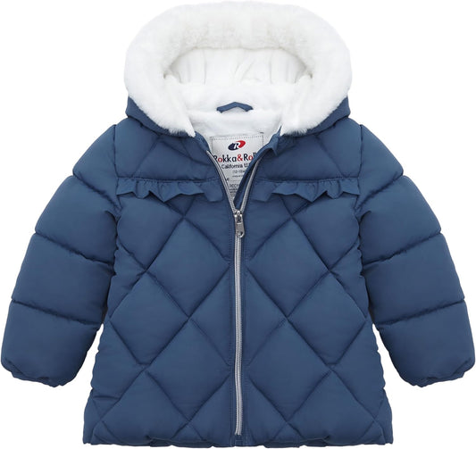 Rokka&Rolla Baby Girls' Water-Resistant Puffer Jacket Hooded Winter Coat with Soft Mini Fur Lining for Newborn Infant Toddler