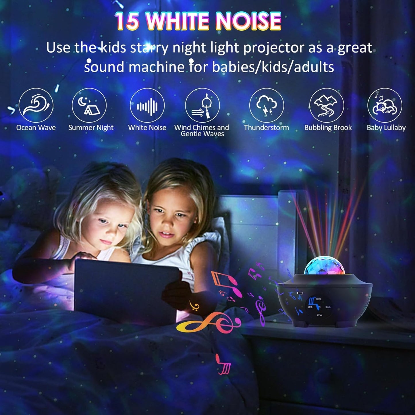 Sunbox Star Projector,3 in 1 Galaxy Projector Night Light with Remote Control,15 White Noise,Music Speaker&Timer,Starry Light Projector for Bedroom/Party/Home Decor,Starry Projector for Kids & Adults