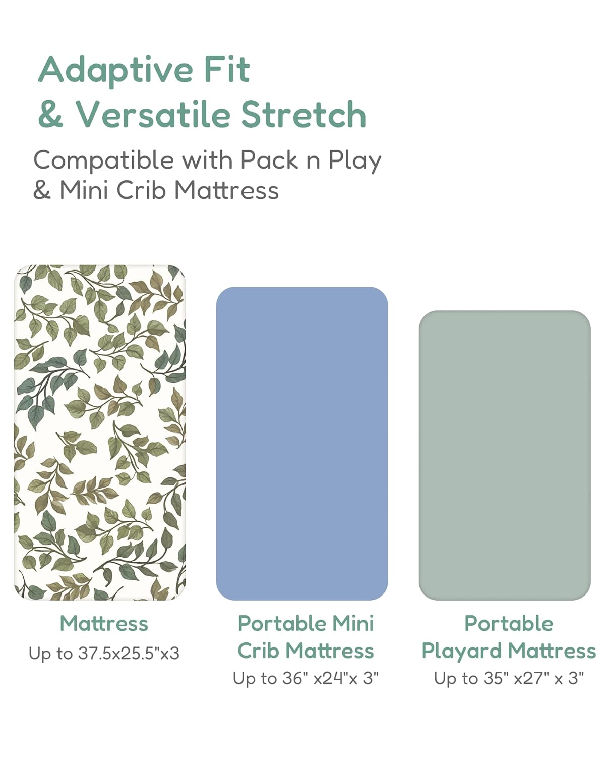 Pack and Play Sheets Fitted, Green+Leaf, Ultra Soft and Durable, Hypoallergenic, 2 Pack for Baby Boys and Girls