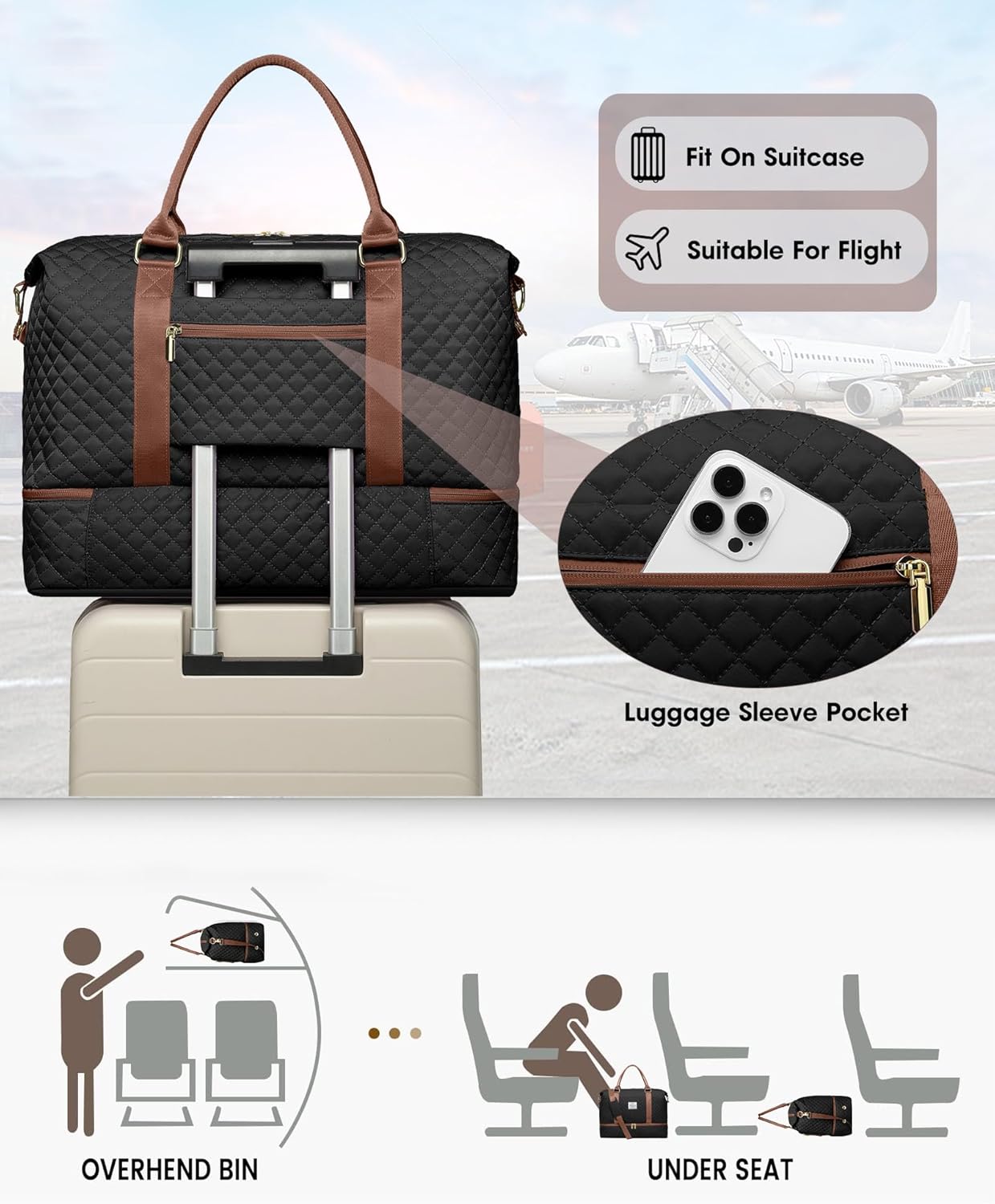 Travel Duffle for Women Weekender Bags - Large Duffel Overnight Bag with Shoe Compartment Carry on Tote Toiletry Weekend Yoga Gym Bags with Wet Pocket Hospital for Labor and Delivery Black Brown