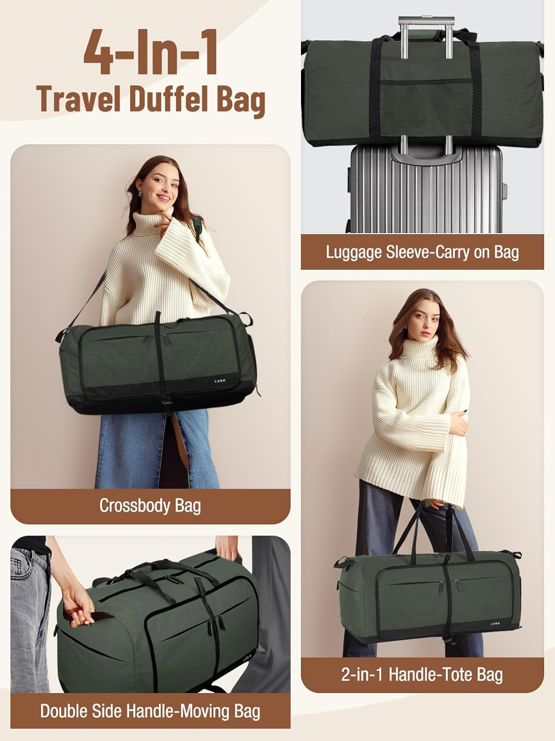 Lekesky Foldable Travel Duffel Bag for Women, 80L Large Duffle Bag with Separate Shoes Compartments & Straps, Carry On Weekend Bag for Women, Hospital, Overnight(Green)