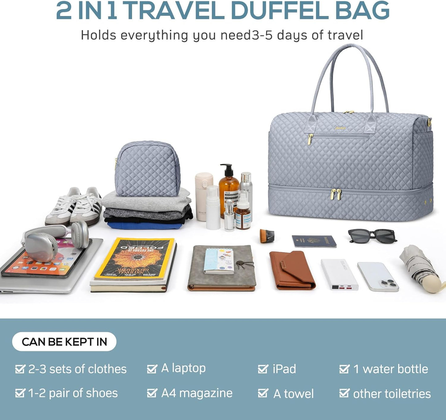 Travel Bag Weekender Bags for Women - Carry on Overnight Bag with Shoe Compartment Duffle Bag with Laptop Pocket Hospital Bag Grey